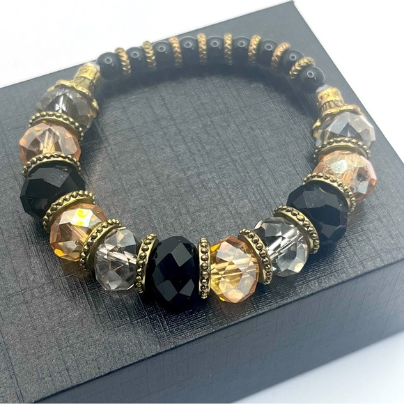 Faceted Beaded Crystal Stretch Bracelet Golden - Picture 1 of 7